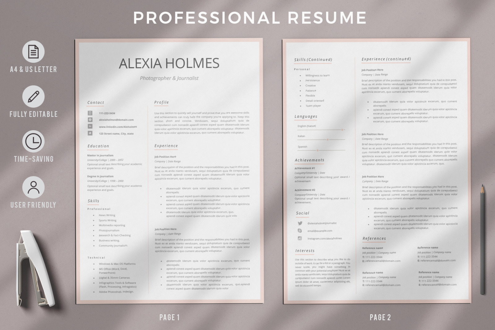 Modern Resume Design + Cover Letter Example + References + Tips. Curriculum for MS Word and Pages