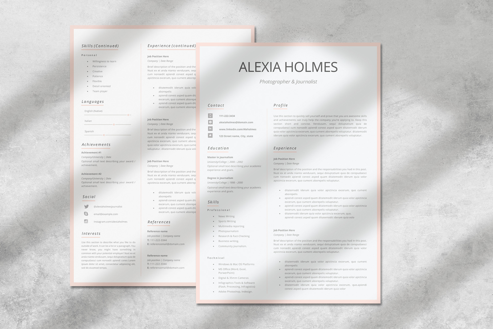 Modern Resume Design + Cover Letter Example + References + Tips. Curriculum for MS Word and Pages