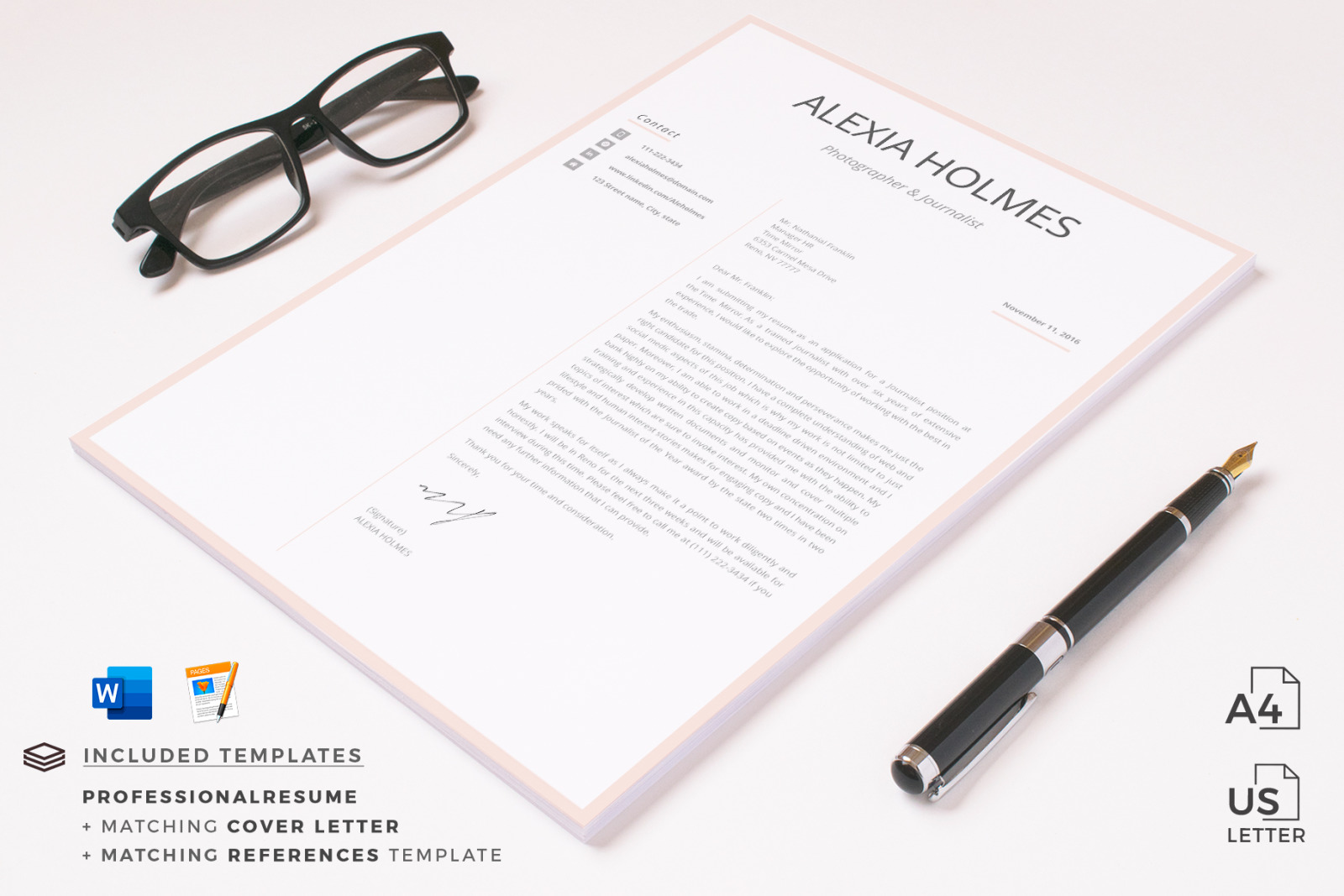 Modern Resume Design + Cover Letter Example + References + Tips. Curriculum for MS Word and Pages