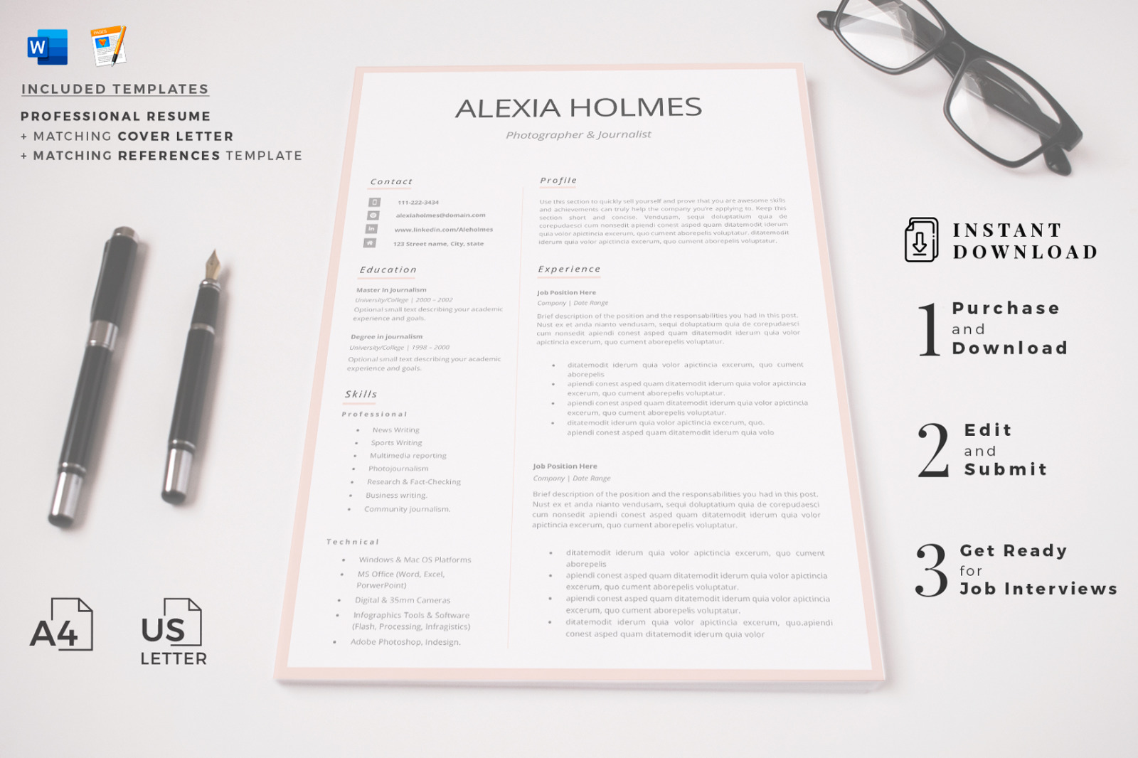 Modern Resume Design + Cover Letter Example + References + Tips. Curriculum for MS Word and Pages