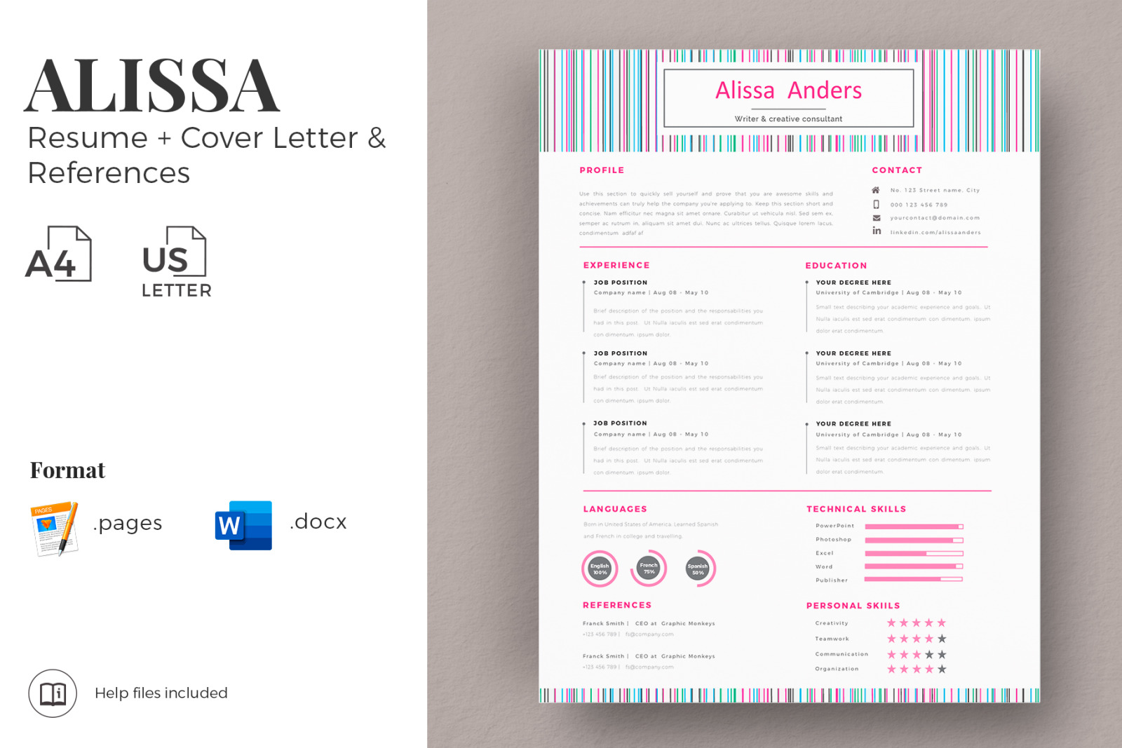 1 Page Resume Template, CV for Word and Pages. Creative Resume With Cover Letter and References 1 Page Resume Template, CV for Word and Pages. Creative Resume With Cover Letter and References