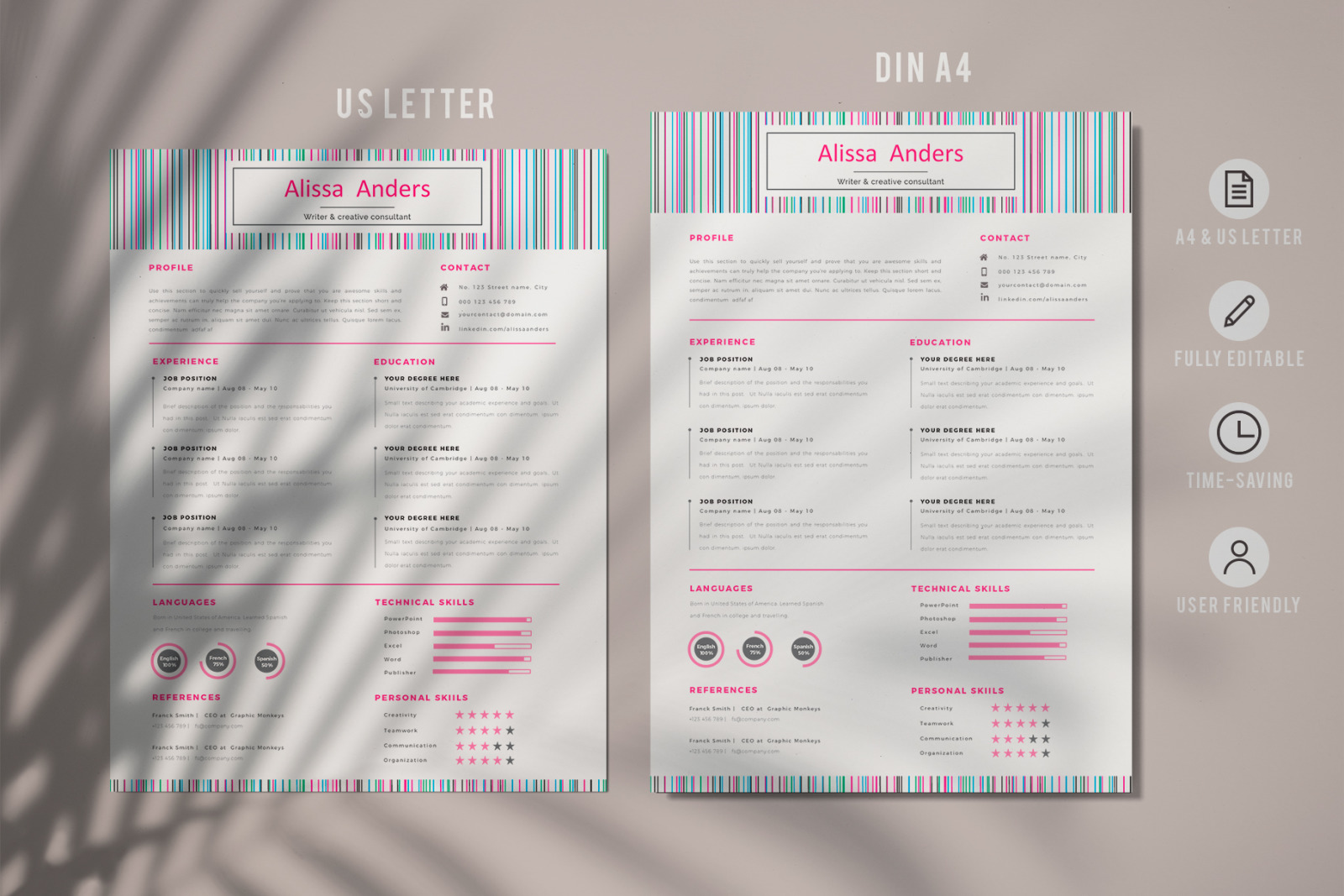 1 Page Resume Template, CV for Word and Pages. Creative Resume With Cover Letter and References