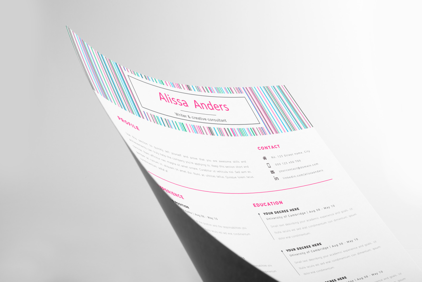 1 Page Resume Template, CV for Word and Pages. Creative Resume With Cover Letter and References