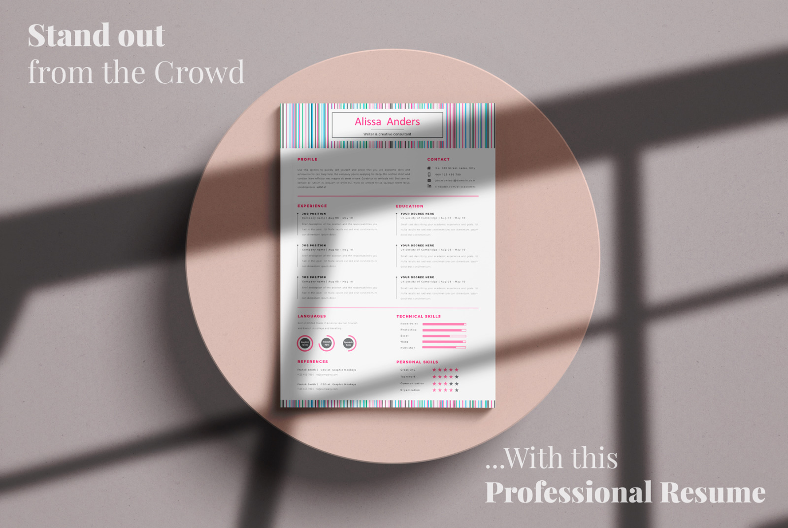 1 Page Resume Template, CV for Word and Pages. Creative Resume With Cover Letter and References