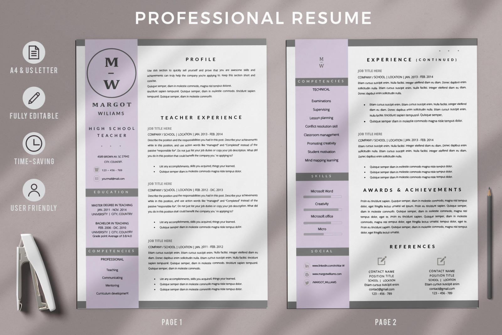 High School Teacher Resume Template for Microsoft Word &amp; Apple Pages, With Cover letter &amp; References