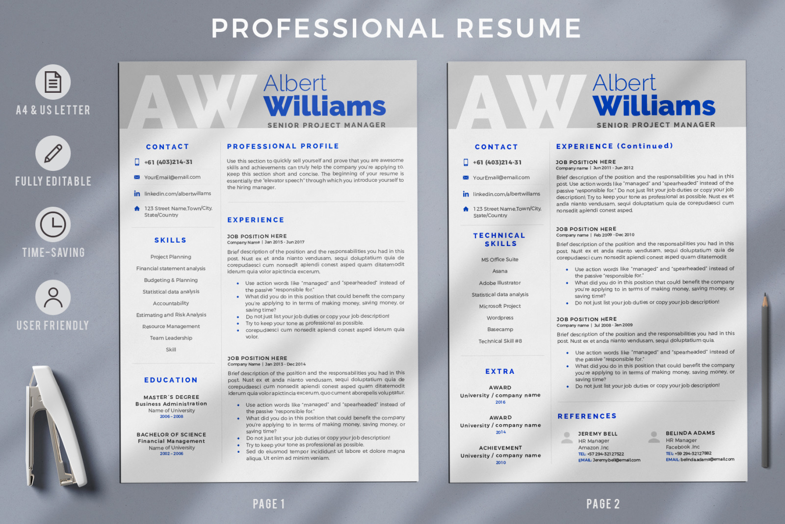 Project Manager Professional Resume Template with Cover Letter format. Resume with Initials for Word