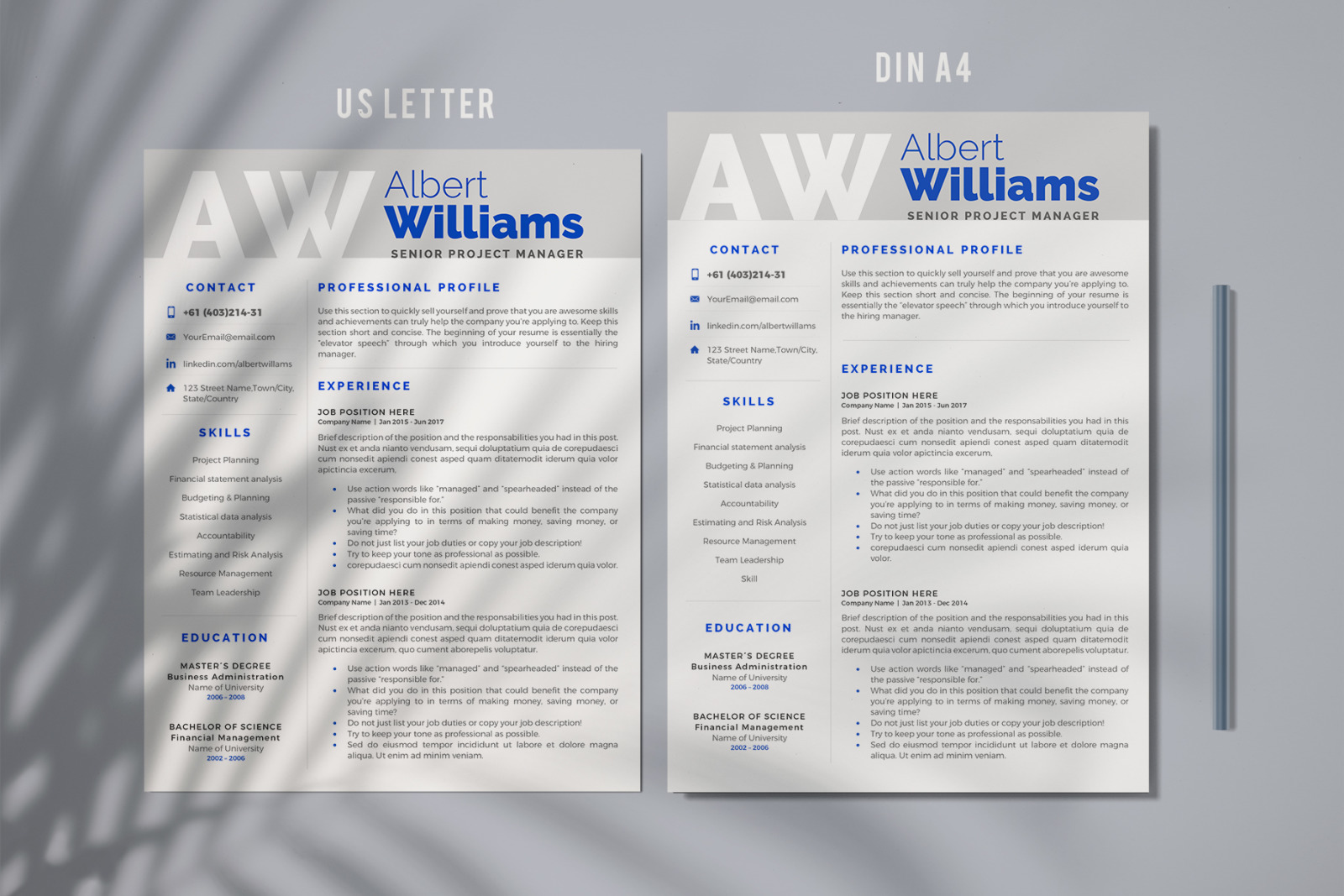 Project Manager Professional Resume Template with Cover Letter format. Resume with Initials for Word