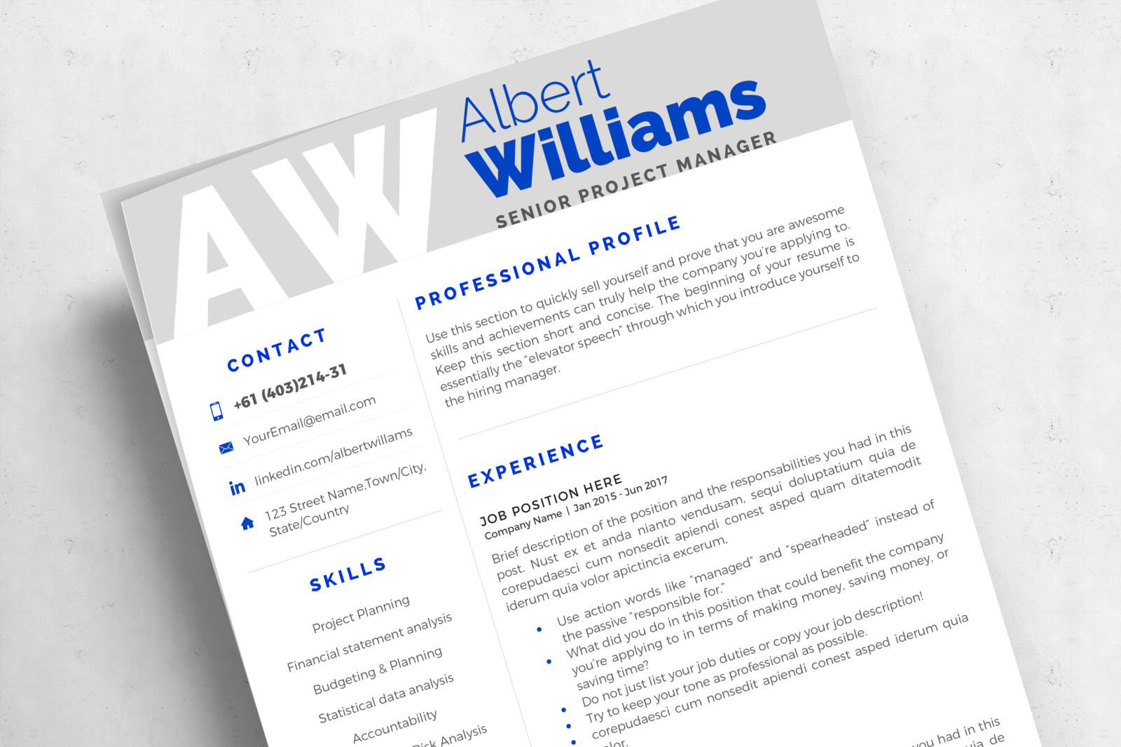 Project Manager Professional Resume Template with Cover Letter format. Resume with Initials for Word