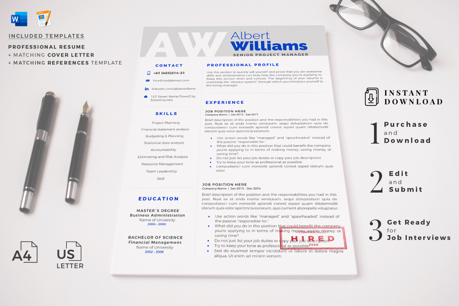 Project Manager Professional Resume Template with Cover Letter format. Resume with Initials for Word