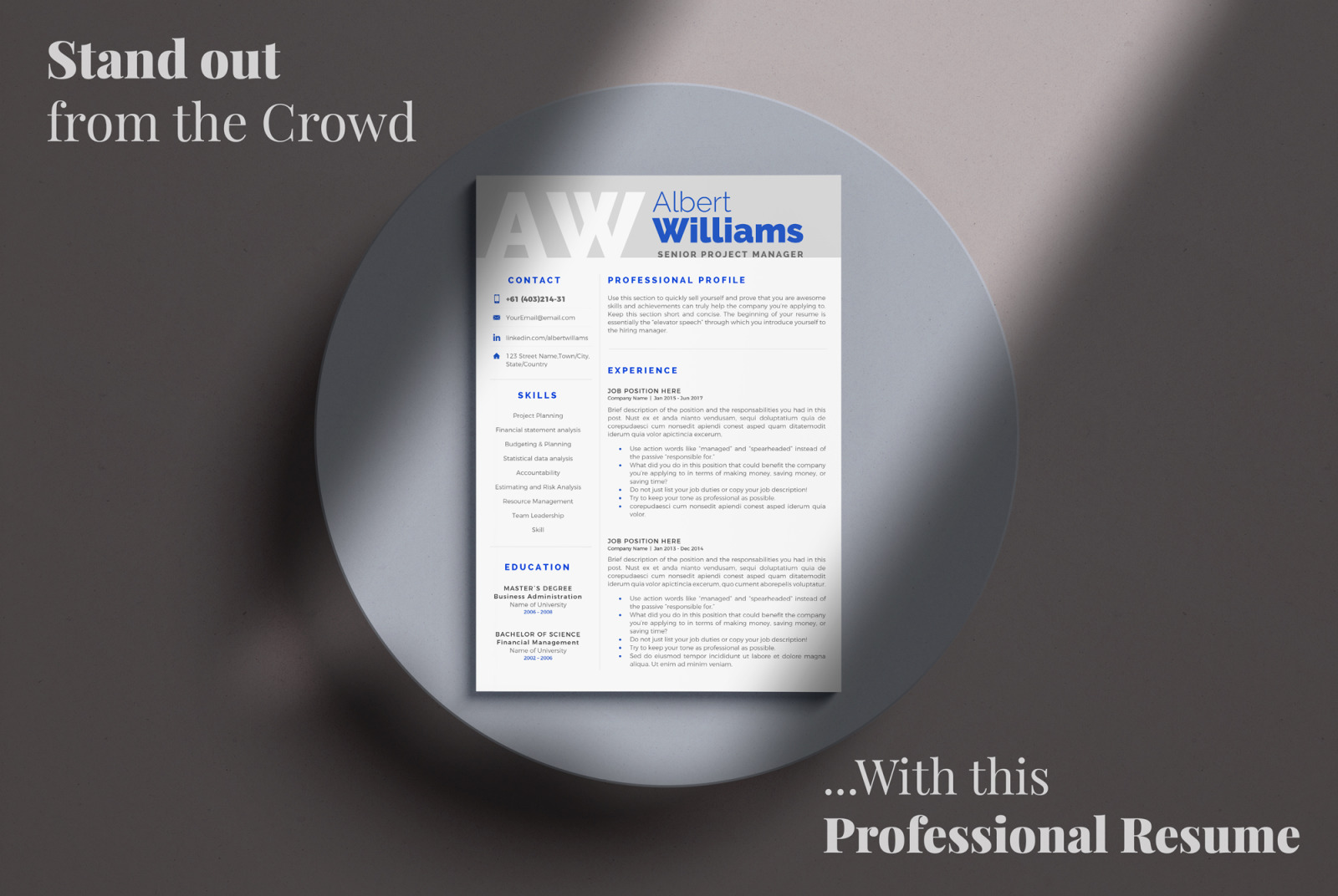 Project Manager Professional Resume Template with Cover Letter format. Resume with Initials for Word