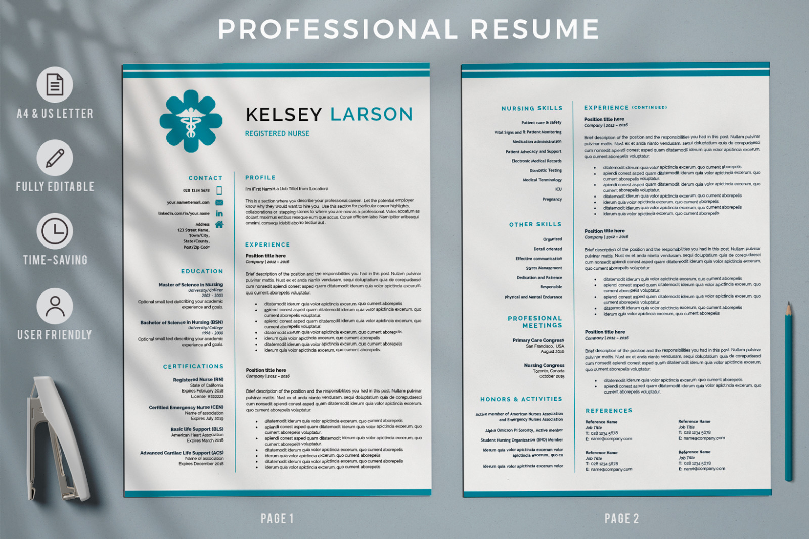 Nurse Resume Template. Pharmacy Resume, CV for Word and Pages + Cover Letter format and References