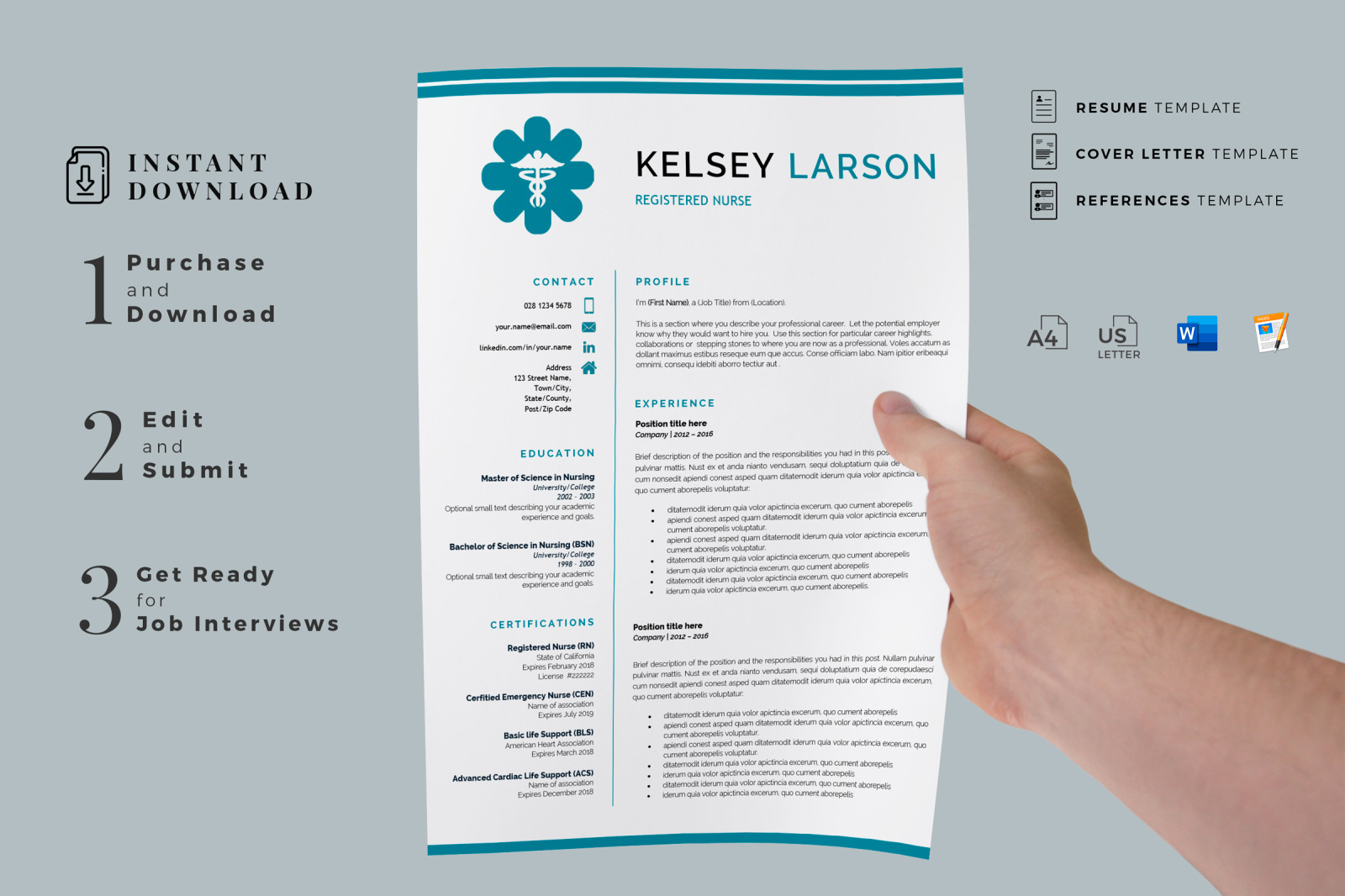 Nurse Resume Template. Pharmacy Resume, CV for Word and Pages + Cover Letter format and References