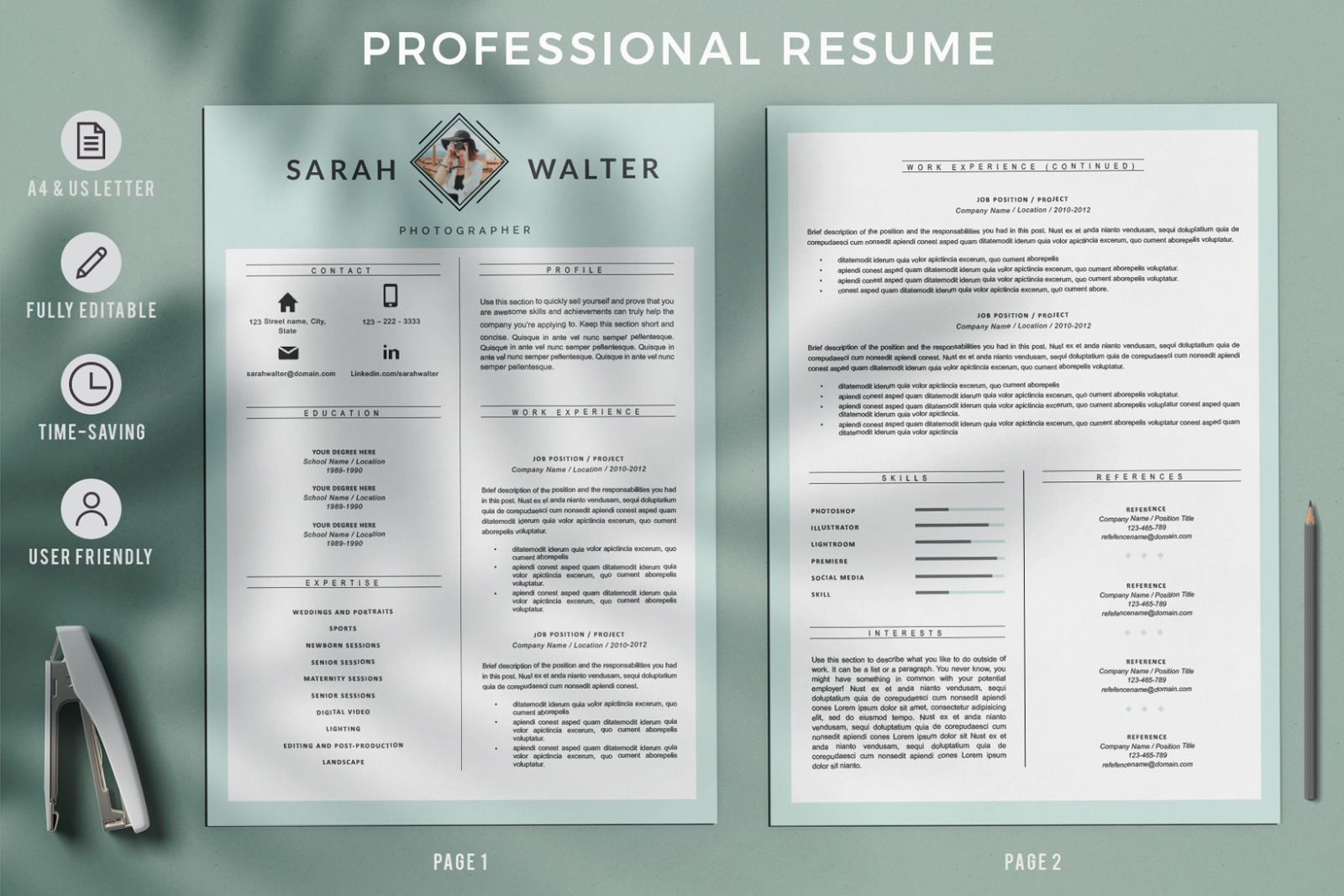 Modern and Creative Resume template for Pages. MS Word Resume + Cover Letter format + References