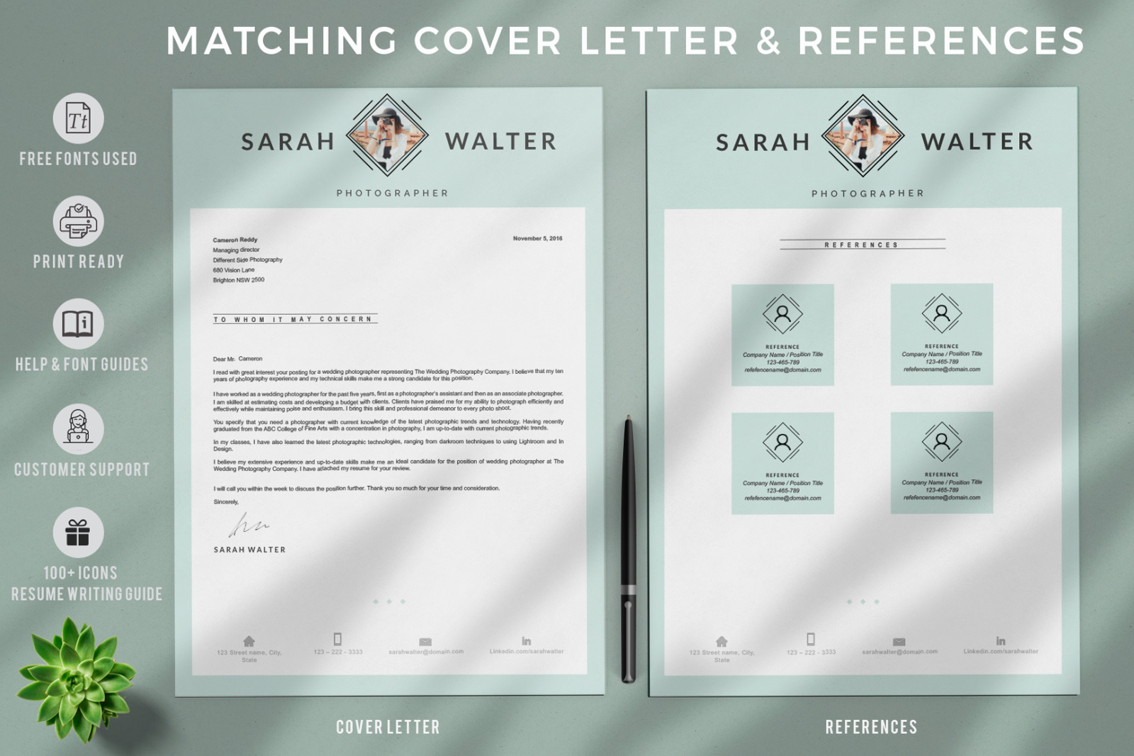 Modern and Creative Resume template for Pages. MS Word Resume + Cover Letter format + References