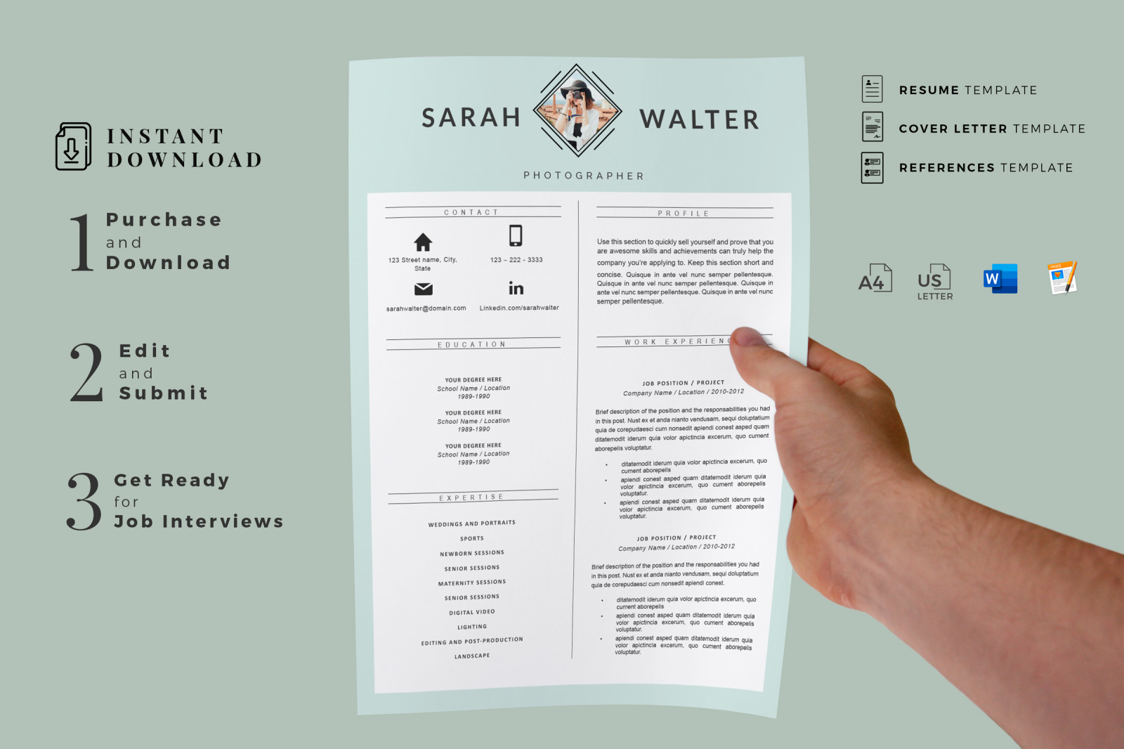 Modern and Creative Resume template for Pages. MS Word Resume + Cover Letter format + References