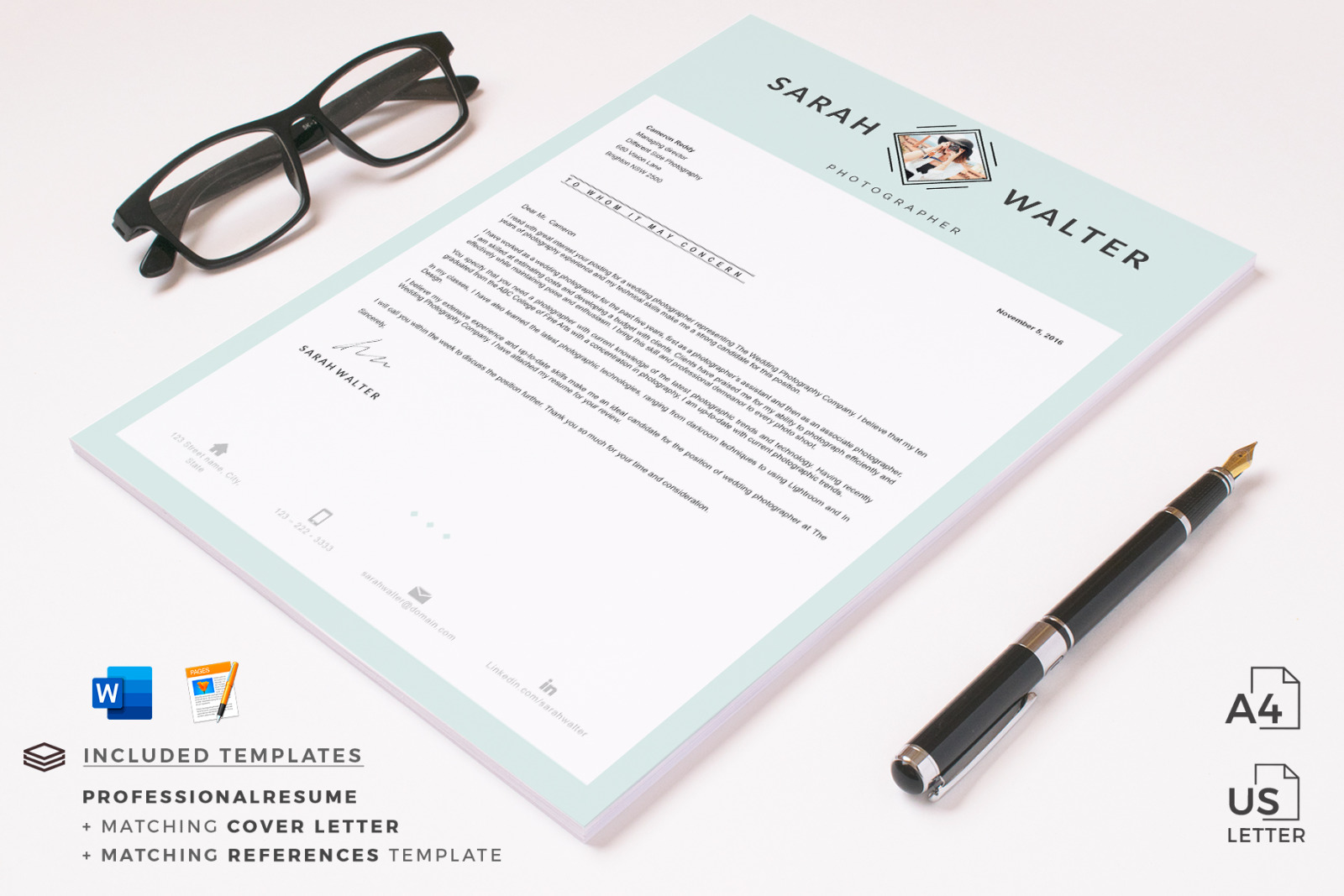 Modern and Creative Resume template for Pages. MS Word Resume + Cover Letter format + References