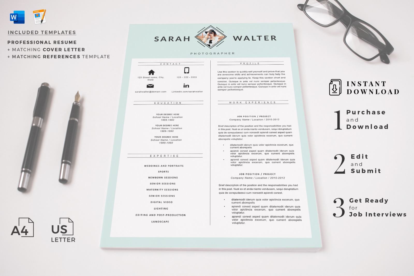 Modern and Creative Resume template for Pages. MS Word Resume + Cover Letter format + References