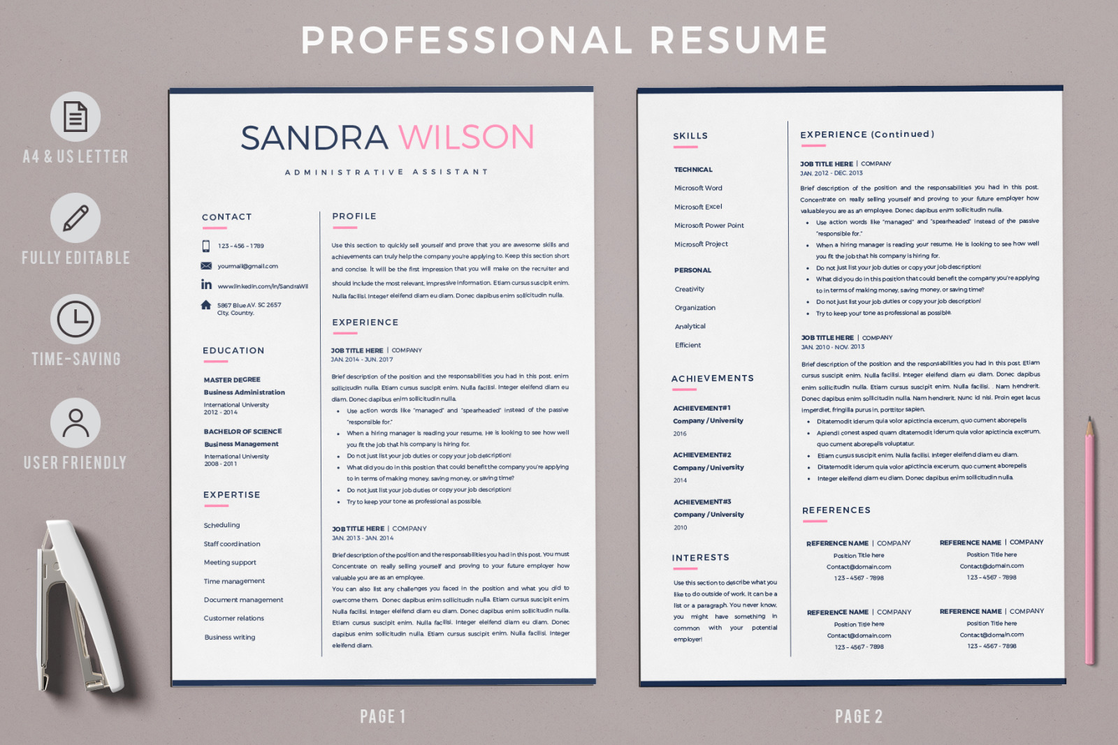 Resume Template Creative for MS Word (docx) and iWork Pages. 2 and 3 Page Resume, CV + Cover Letter