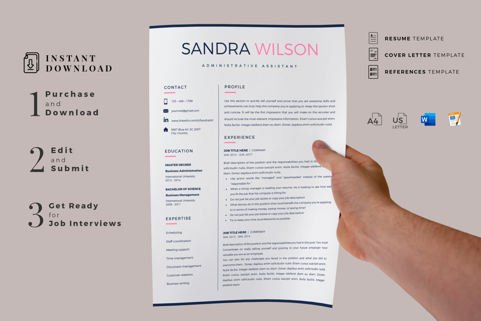 Resume Template Creative for MS Word (docx) and iWork Pages. 2 and 3 Page Resume, CV + Cover Letter