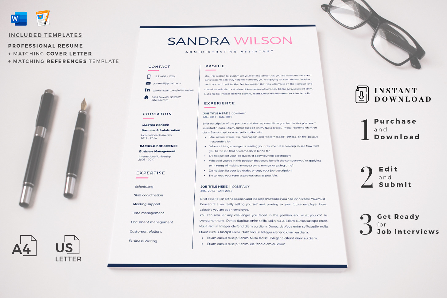 Resume Template Creative for MS Word (docx) and iWork Pages. 2 and 3 Page Resume, CV + Cover Letter