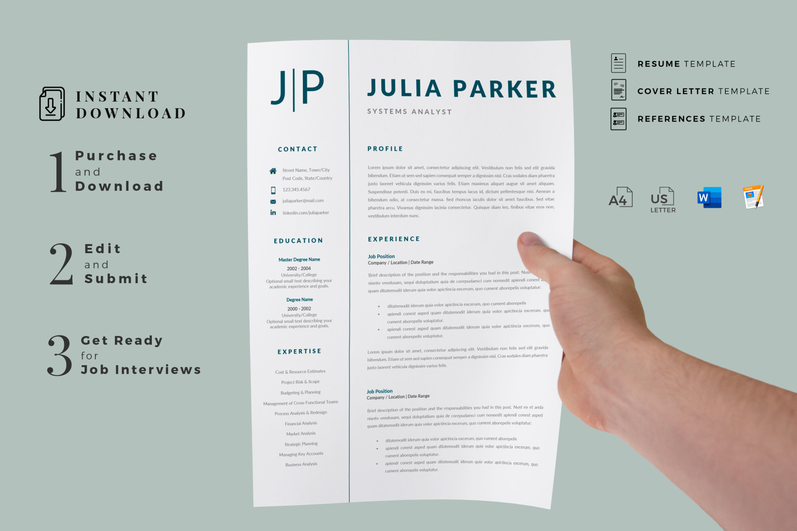 Cover Letter Template for Resume, References and Professional CV Resume format for Word and Pages