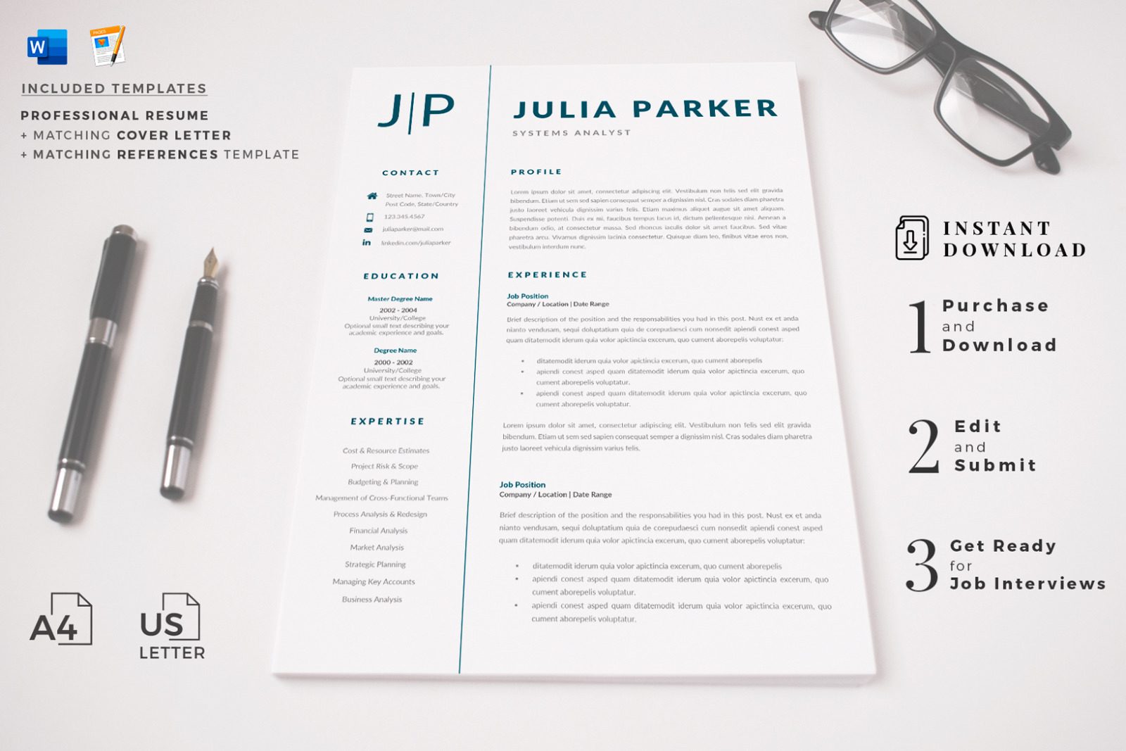 Cover Letter Template for Resume, References and Professional CV Resume format for Word and Pages