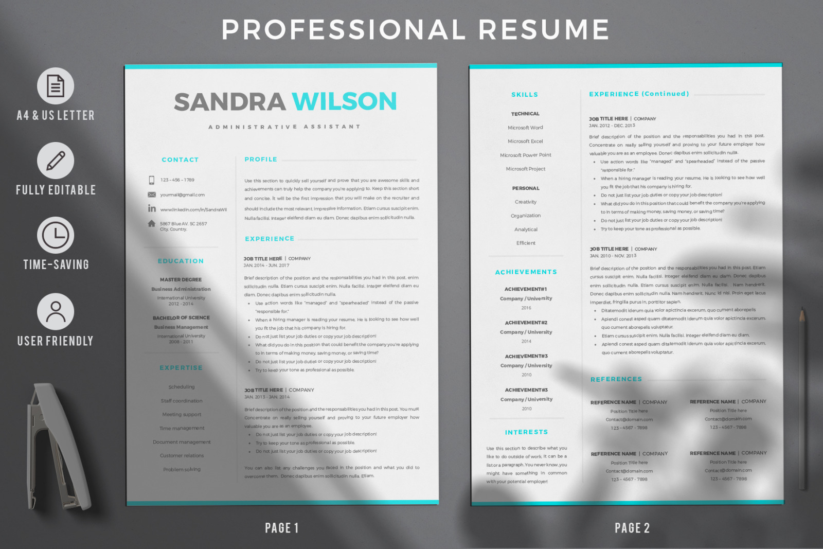 2 &amp; 3 Page Resume Template Bundle + Matching Cover Letter + References + social icon set.