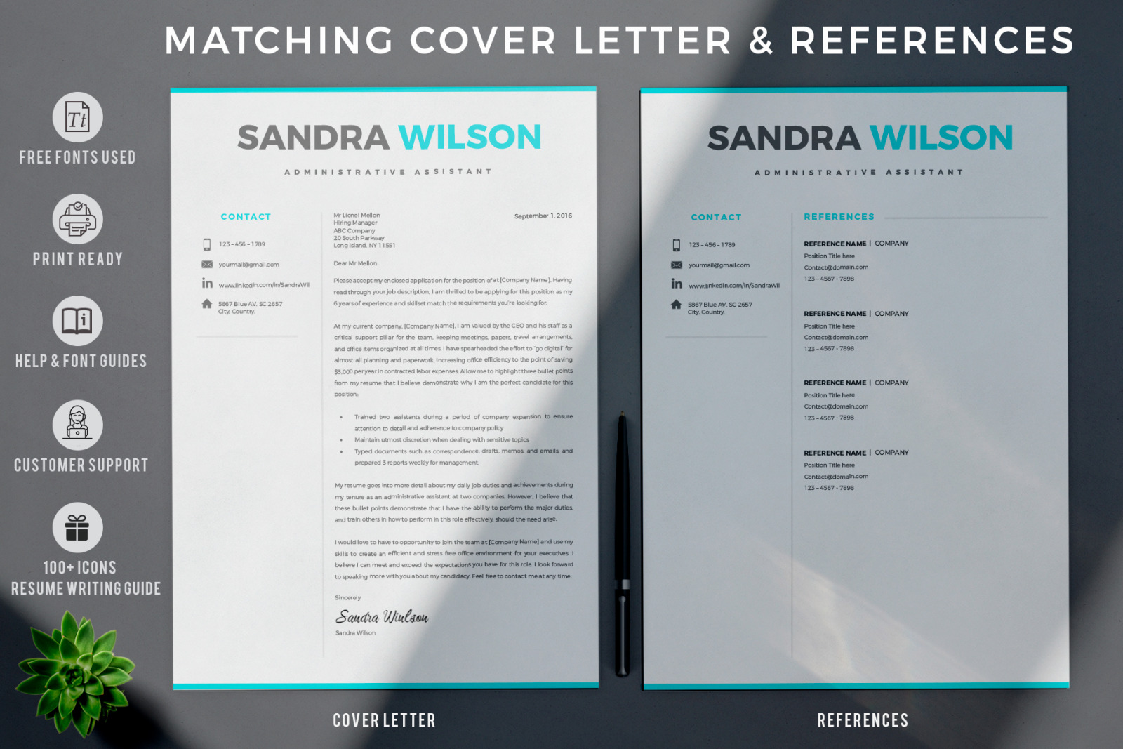 2 &amp; 3 Page Resume Template Bundle + Matching Cover Letter + References + social icon set.