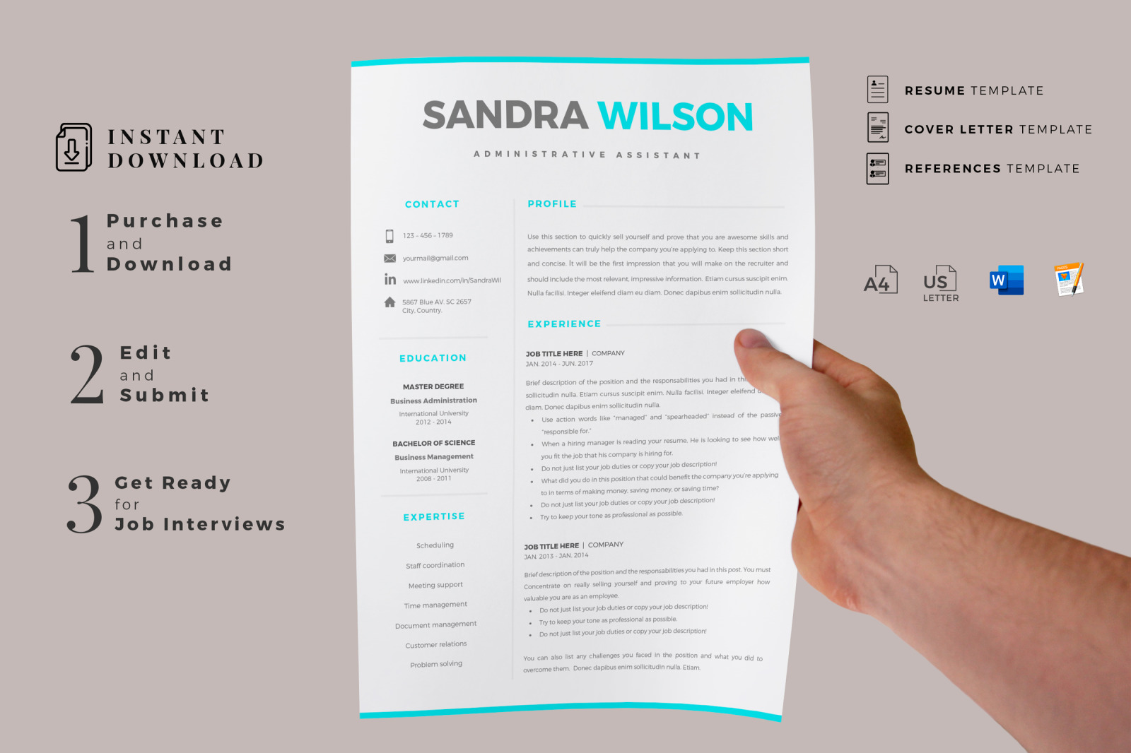 2 &amp; 3 Page Resume Template Bundle + Matching Cover Letter + References + social icon set.