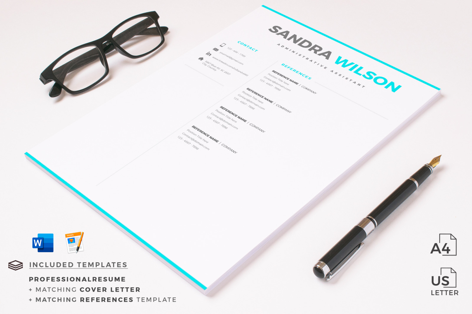 2 &amp; 3 Page Resume Template Bundle + Matching Cover Letter + References + social icon set.