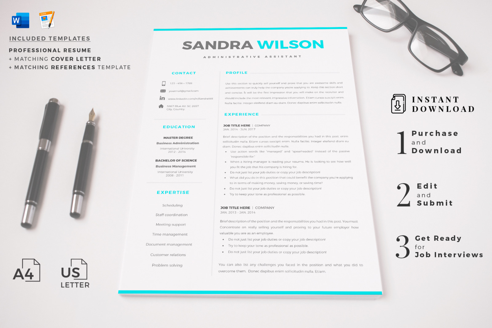 2 &amp; 3 Page Resume Template Bundle + Matching Cover Letter + References + social icon set.