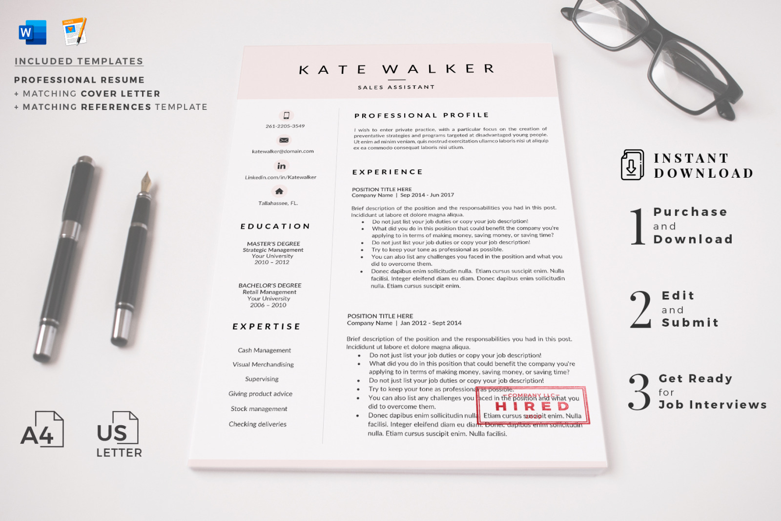 Professional Resume Template and Cover Letter for Administrative Assistant. Instant downoad resume