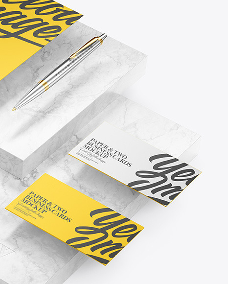 Two Business Cards & Paper with Marble Mockup