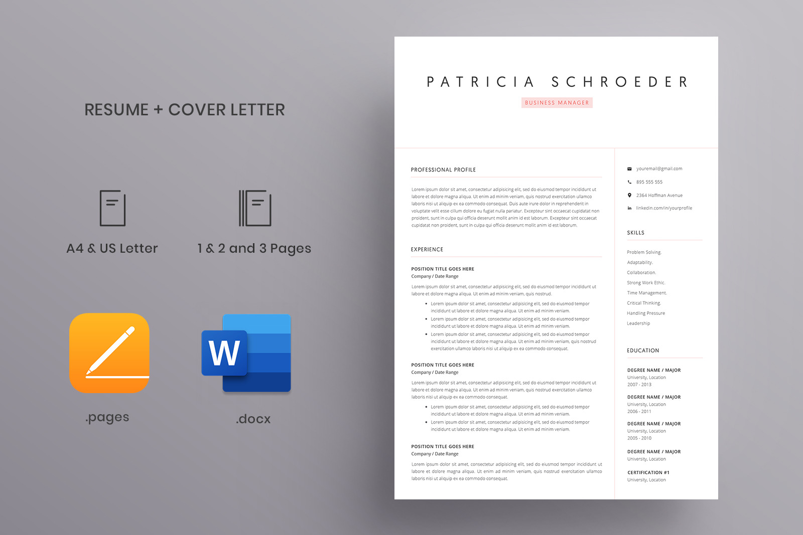 Modern Resume Template and Cover Letter / CV / 4 Pages