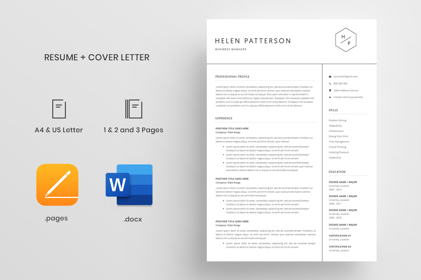 Resume Template and Cover Letter / CV / 4 Pages