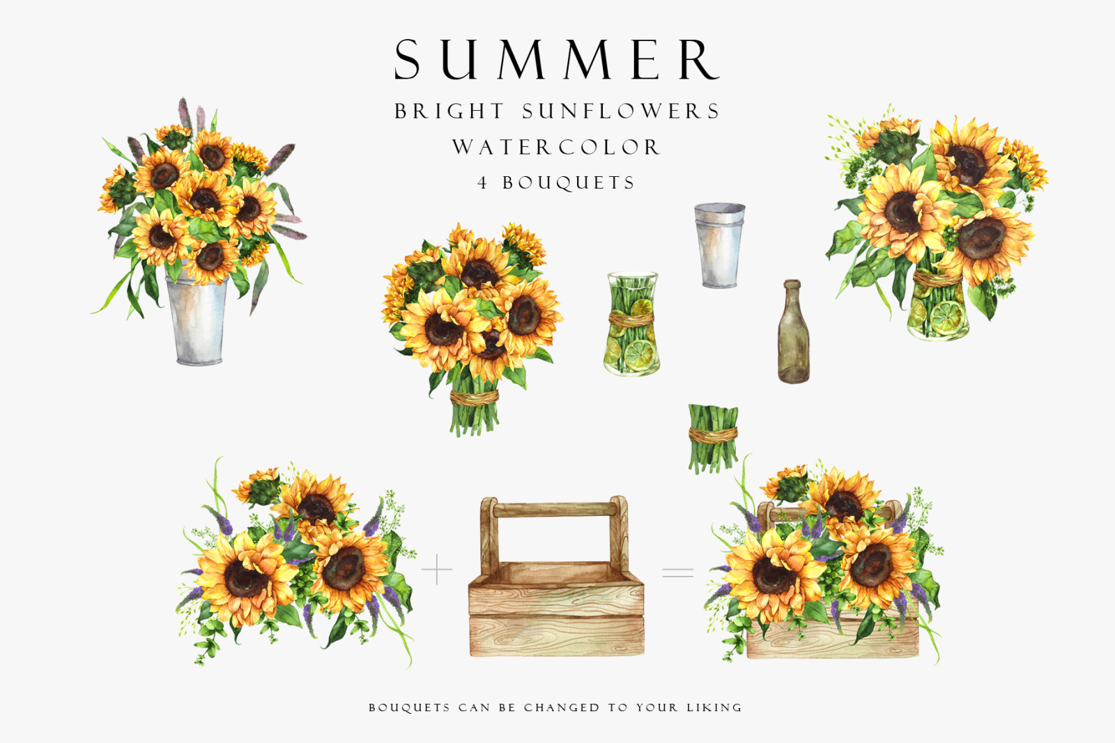 Set of summer bright sunflowers Set of summer bright sunflowers