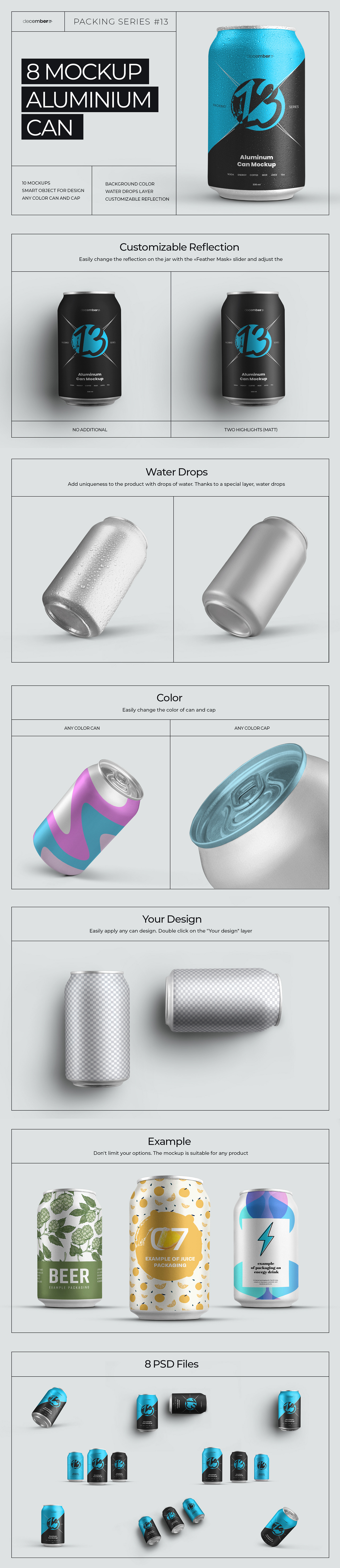 8 Mockup Aluminium Can 330 ml With Water drops 8 Mockup Aluminium Can 330 ml With Water drops