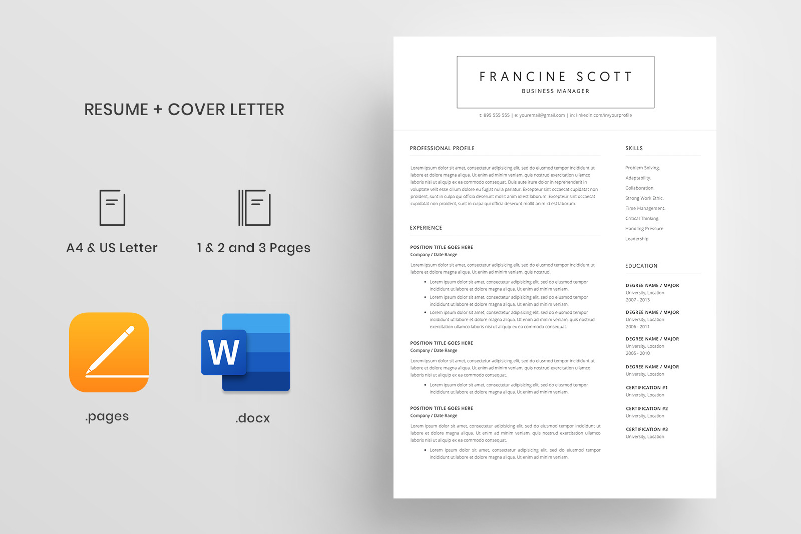 Resume Template and Cover Letter / 4 Pages CV