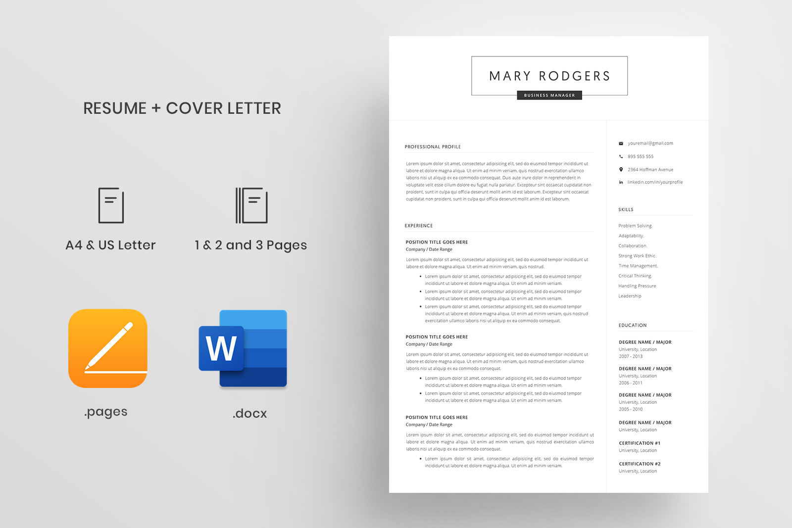 Resume Template and Cover Letter / 4 Pages CV