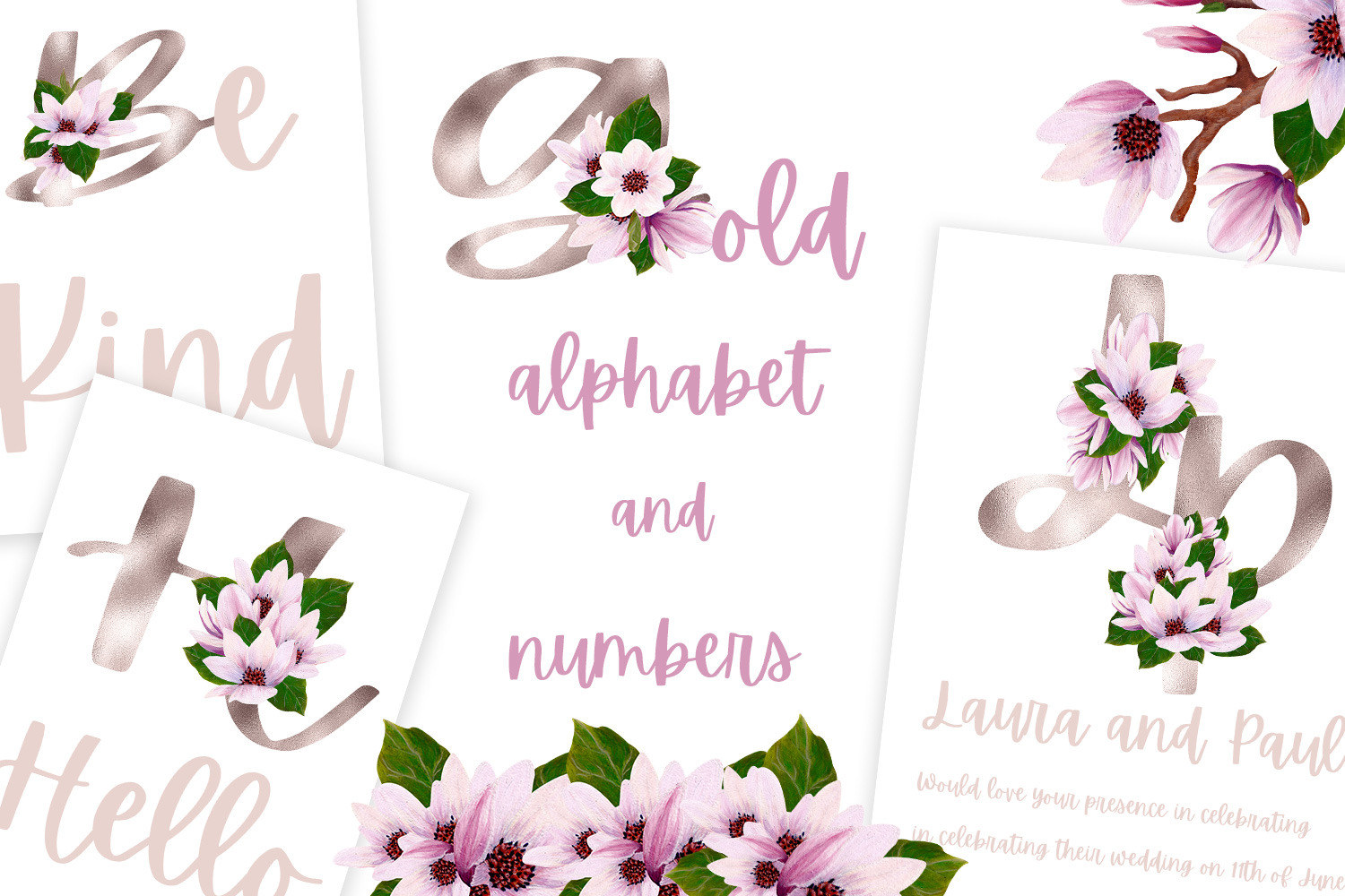 Gold magnolia alphabet and numbers