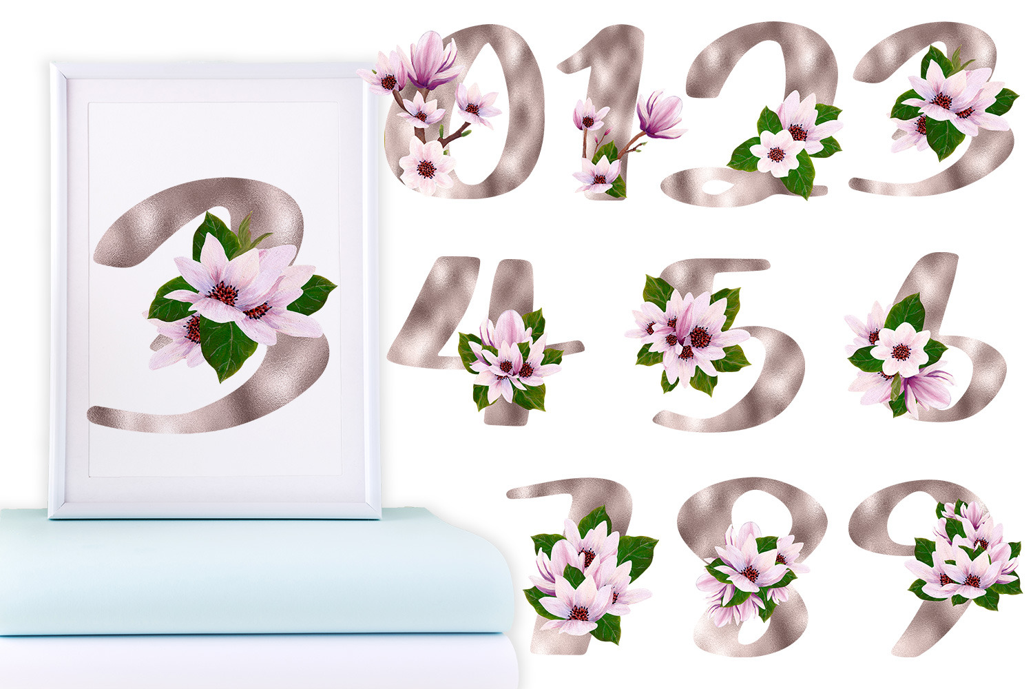 Gold magnolia alphabet and numbers