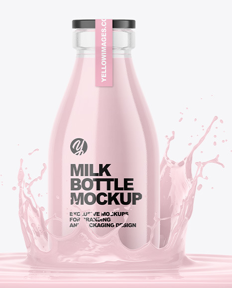 Clear Glass Dairy Bottle with Splash Mockup