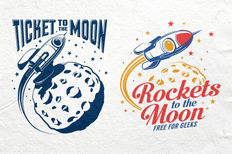 Space Rocket And Moon Set - Flying