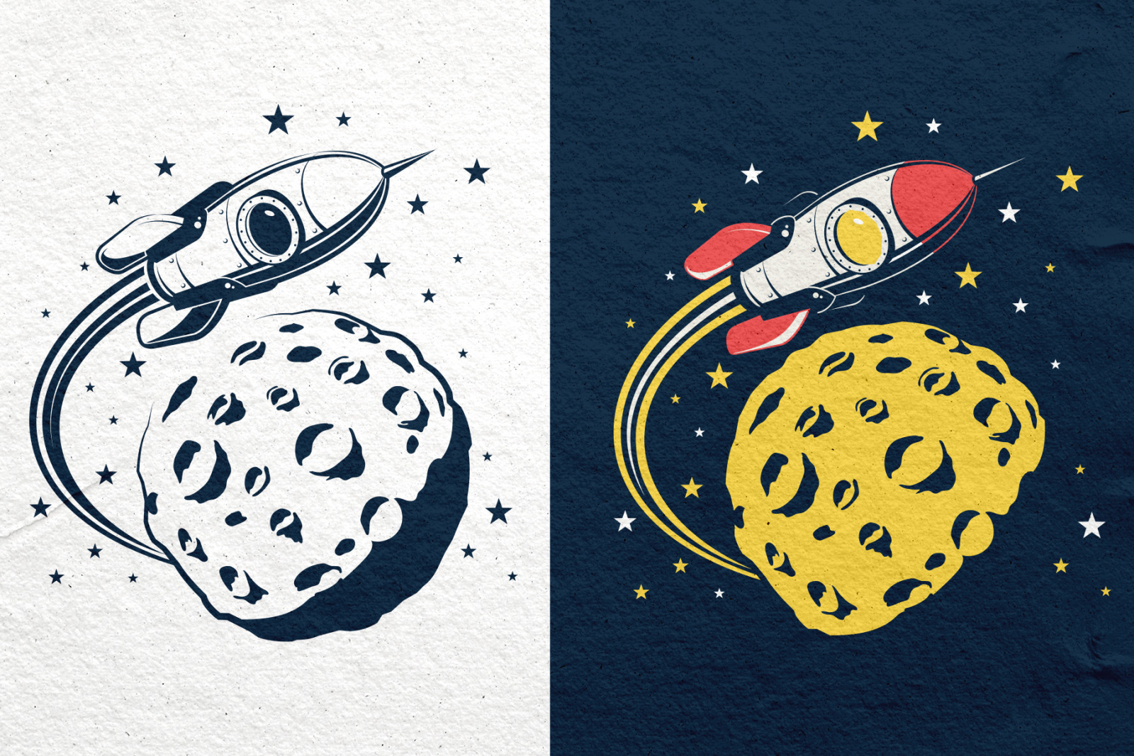 Space Rocket And Moon Set