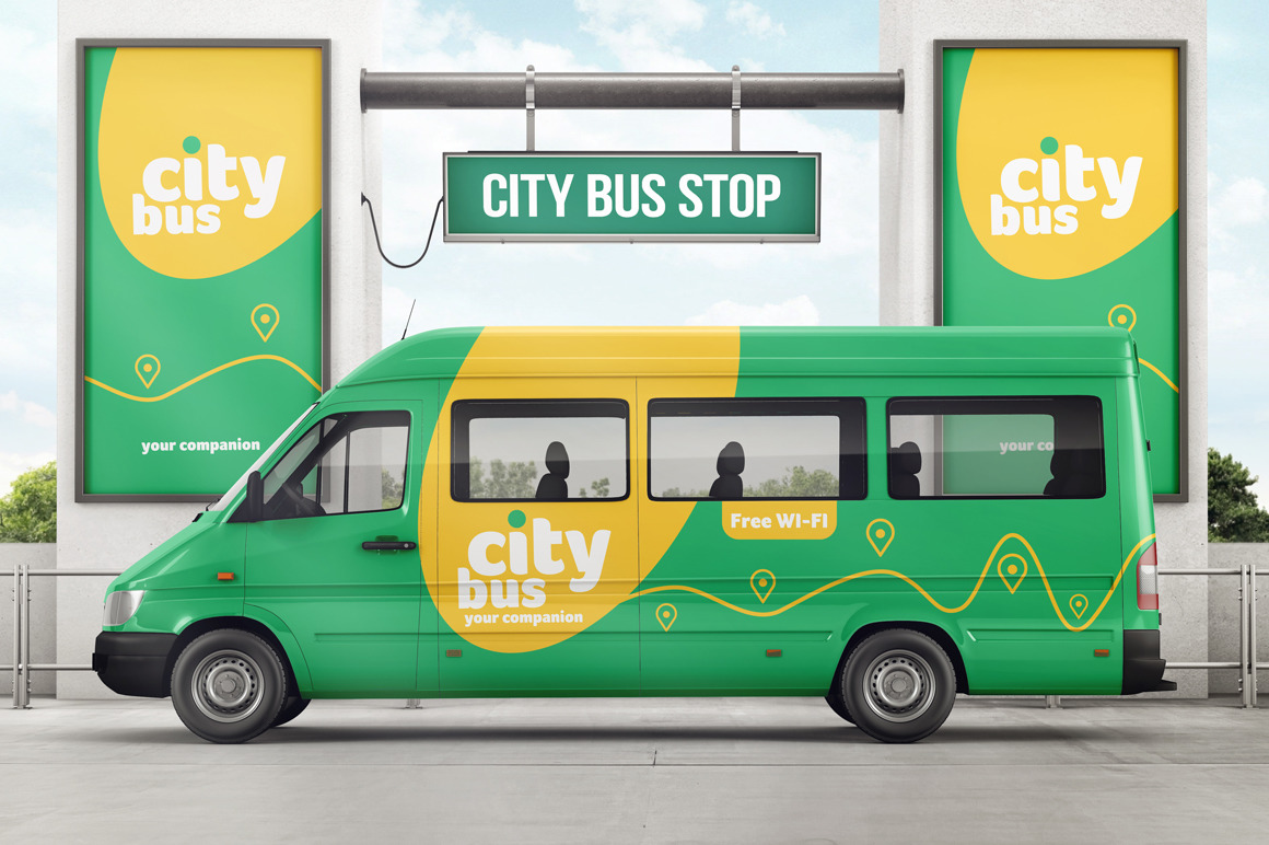 City Bus On Bus Stop Branding Mockup City Bus On Bus Stop Branding Mockup