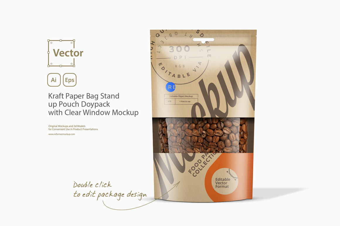 Kraft Paper Bag Stand up Pouch Doypack with Clear Window Mockup