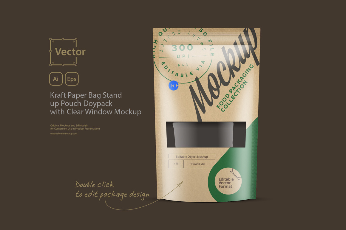 Kraft Paper Bag Stand up Pouch Doypack with Clear Window Mockup