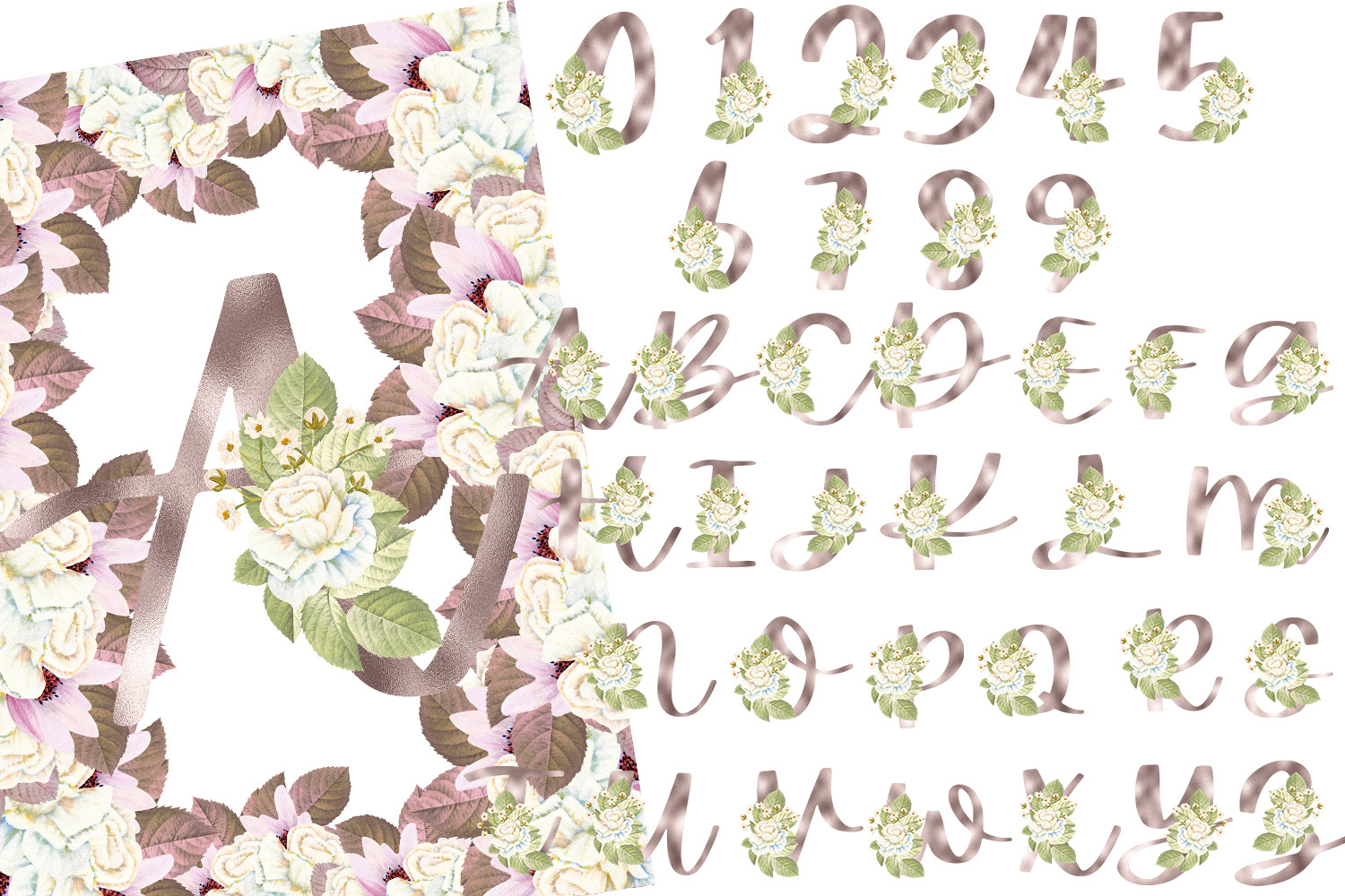 Rose Gold Vintage Rose Alphabet and Number