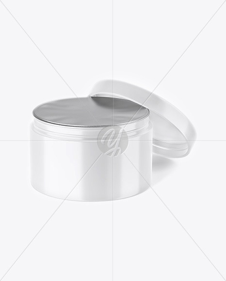 Opened Glossy Plastic Cosmetic Jar with Foil Lid Mockup - Front View (High-Angle Shot)