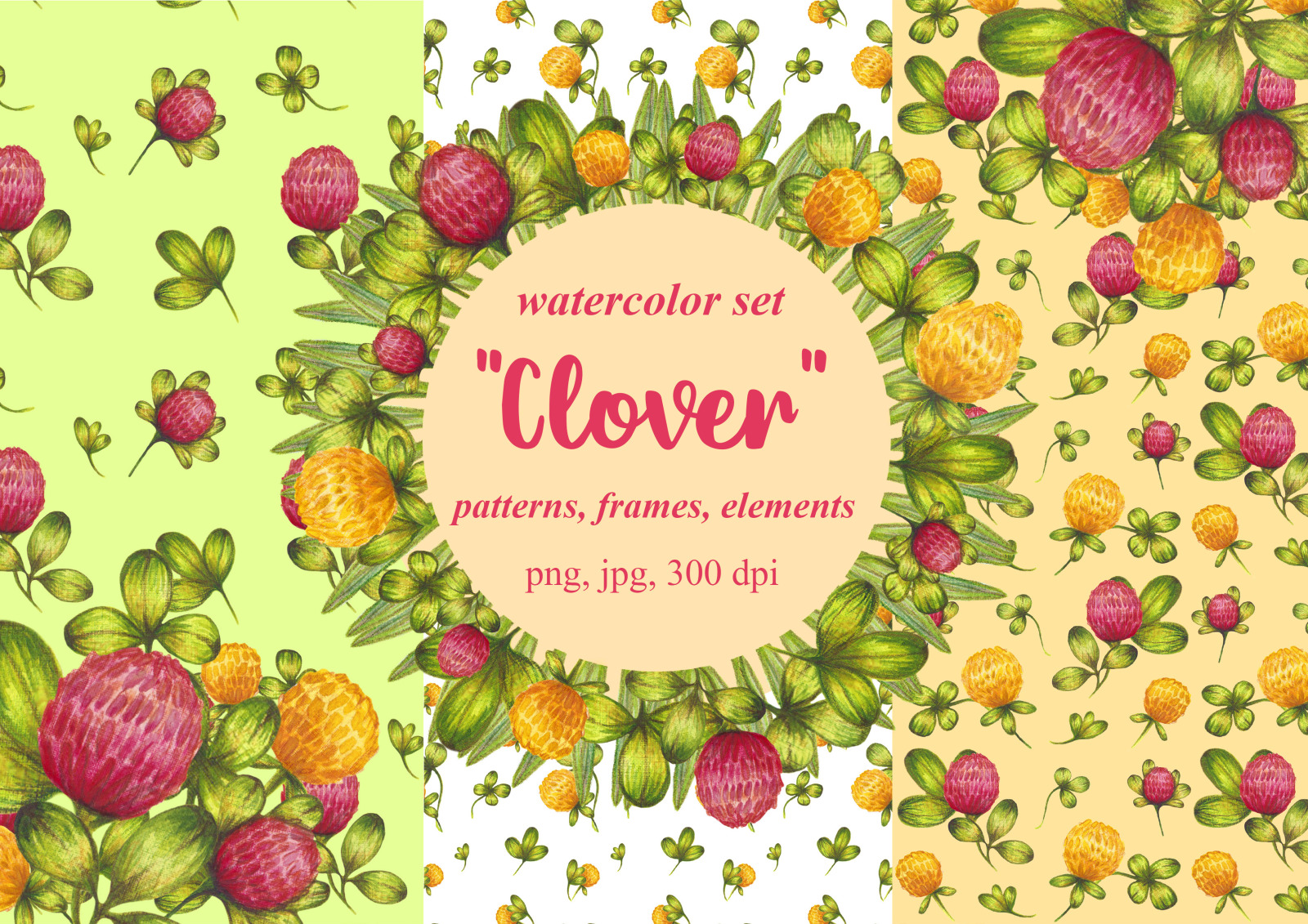 Watercolor set " Clover", digital paper, digital patterns, botanical patterns and cliparts Watercolor set " Clover", digital paper, digital patterns, botanical patterns and cliparts